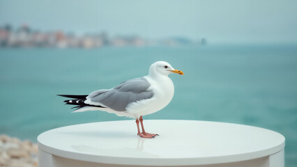 Fototapeta premium Coastal Serenity: A Seagull Perched on a White Table Amidst Vibrant Marine Life