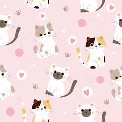 seamless pattern of cats with wool yarn , mini heart ,paw and star on pastel pink background ,vector 
 ,illustration 