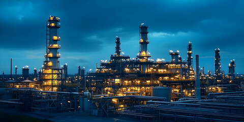 Illuminated Industrial Complex at Night.