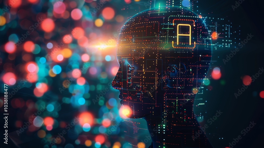 Wall mural human silhouette with a glowing ai symbol on an abstract tech background representing ai concepts