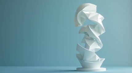 A white abstract sculpture with a blue background.