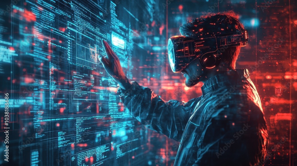 Poster depict a skilled cyberpunk hacker in a futuristic setting, surrounded by holographic interfaces, int