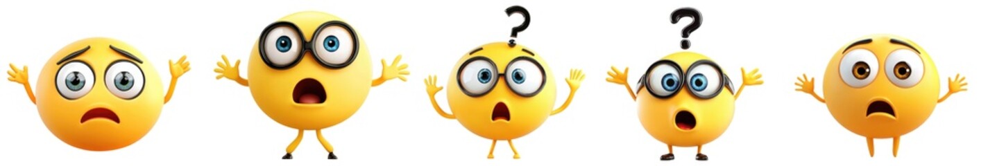 Obraz premium These delightful emojis depict a range of emotions including fear, confusion, and astonishment. Each character interacts uniquely, inviting viewers into a playful world of feelings