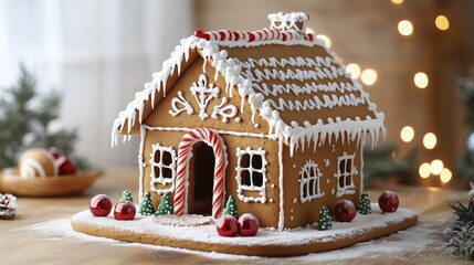 Gingerbread house decorated with icing standing on table with christmas lights in background