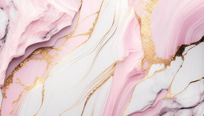 Luxury Pink White Marble Background with Golden Veins. Fluid Pink White Gold Marbled Backdrop. Marbled Texture. Elegant Modern Background for Greeting Card, Invitation, Banner