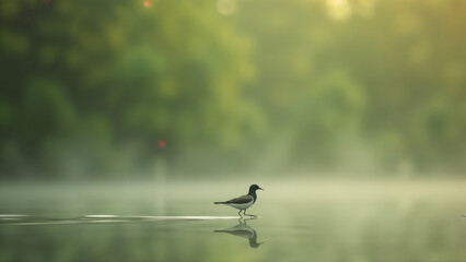 A Lone Bird Gracefully Walking by a Tranquil Setting, Inviting Appreciation of Solitary Beauty in Nature