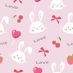 seamless pattern of rabbit , cherry, lollipop ,bow tie , strawberry and love text on pink background, vector ,illustration