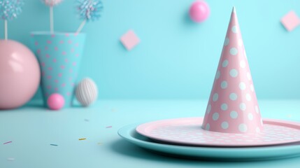 Colorful Party Decorations with Polka Dot Hat and Balloons on a Blue Background