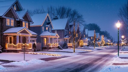 Festive Suburban Street on a Snowy Evening