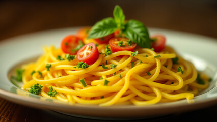 A Delectable Presentation of a Plate Topped with Spaghetti, Showcasing the Flavors of Italian Cuisine