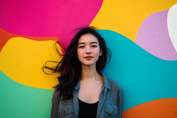 Fototapeta premium Vibrant outdoor personal branding portrait of a young woman with colorful wall