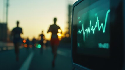 A close-up of a runner's heartbeat monitor displaying high numbers as they sprint towards the finish line