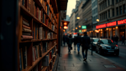 Literature Meets Urban Life: A Captivating Street Scene with a Unique Bookshelf