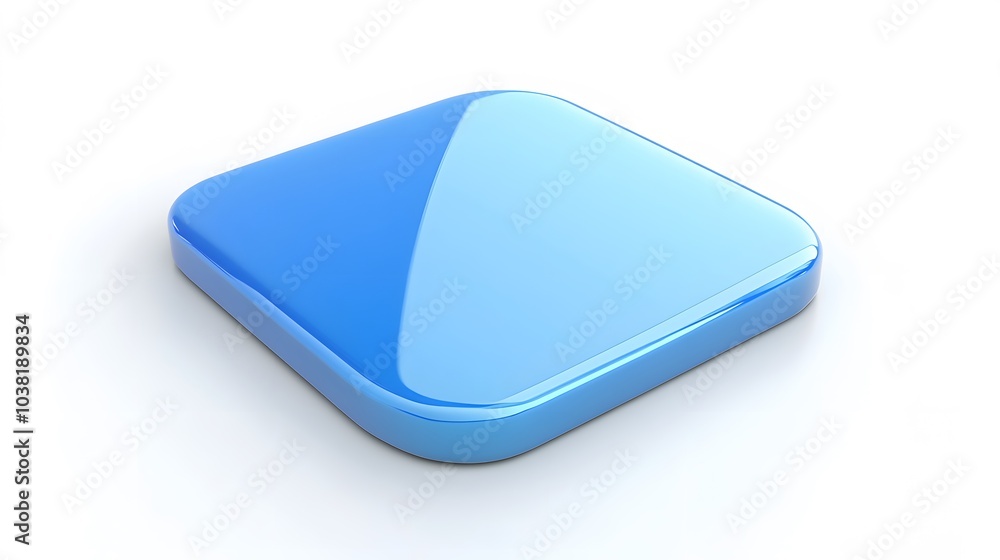 Poster blank mobile application icon, button - blue square with round corners. 3d rendering, white backgrou