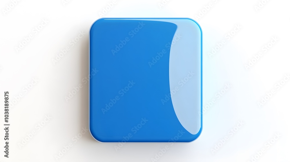 Poster blank mobile application icon, button - blue square with round corners. 3d rendering, white backgrou