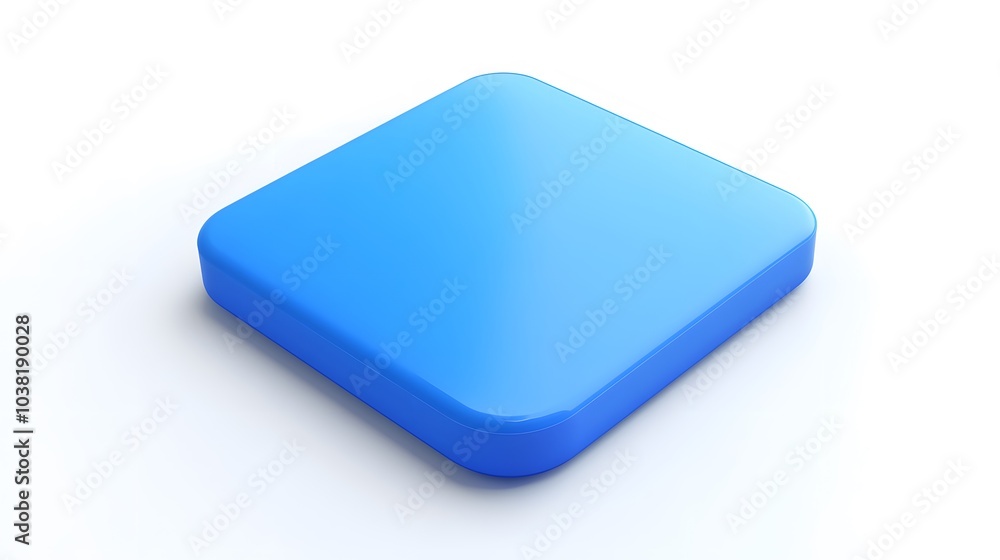 Poster blank mobile application icon, button - blue square with round corners. 3d rendering, white backgrou
