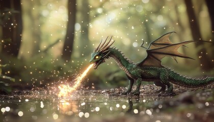 A green dragon breathes fire over a tranquil stream in a mystical forest, creating a magical atmosphere with sparkling lights.