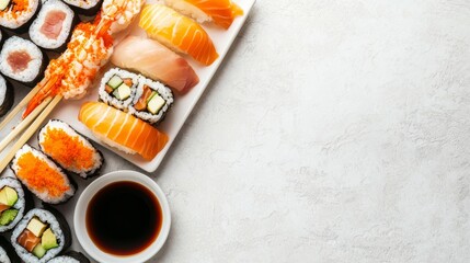 Delicious Sushi Lunch Break with Assorted Rolls and Nigiri on a White Plate with Soy Sauce on a Light Background