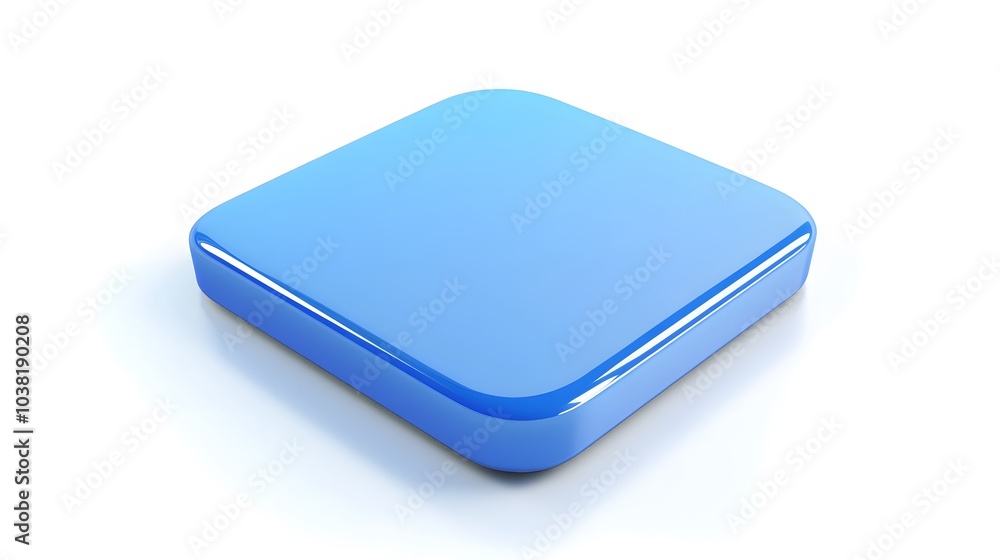 Poster blank mobile application icon, button - blue square with round corners. 3d rendering, white backgrou