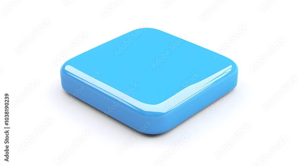 Poster blank mobile application icon, button - blue square with round corners. 3d rendering, white backgrou
