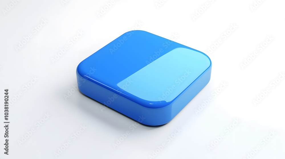Poster blank mobile application icon, button - blue square with round corners. 3d rendering, white backgrou