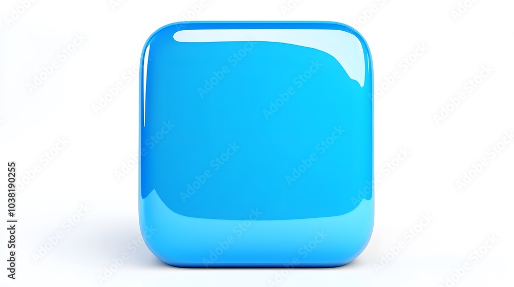 Poster blank mobile application icon, button - blue square with round corners. 3d rendering, white backgrou