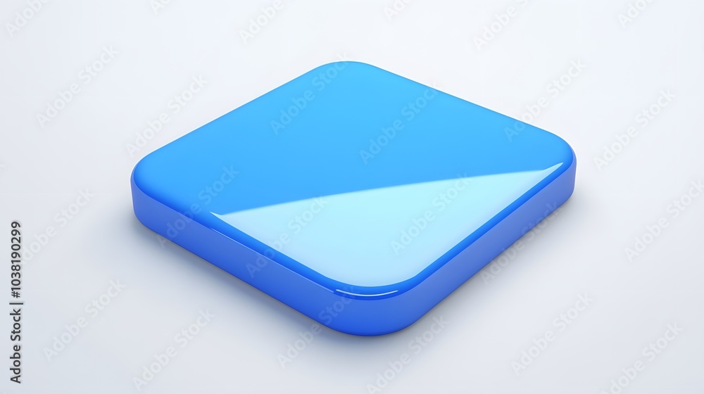 Poster blank mobile application icon, button - blue square with round corners. 3d rendering, white backgrou