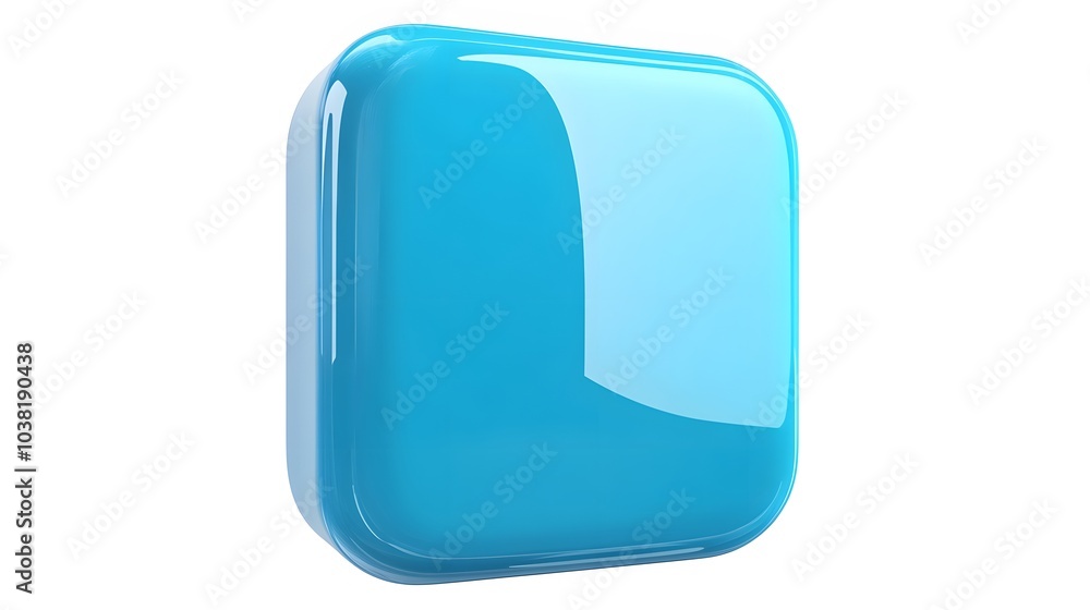 Poster blank mobile application icon, button - blue square with round corners. 3d rendering, white backgrou