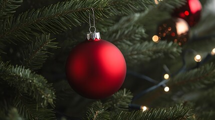 A Single Red Ornament Hanging on a Christmas Tree Branch