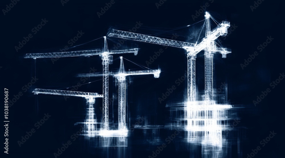 Poster illuminated cranes constructing urban landscapes in a digital abstract style for modern architecture