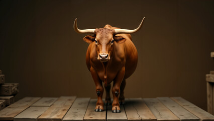 Harmony with Nature: A Majestic Horned Cow in Front of a Rustic Wooden Table Embracing Pastoral Life