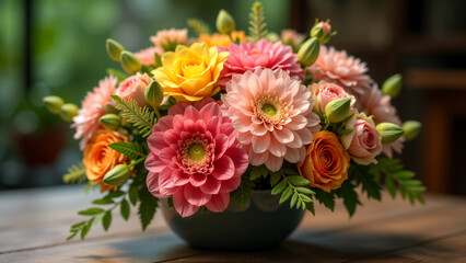 Fototapeta premium Beautifully Arranged Flower Composition on a Table Showcasing Nature's Beauty