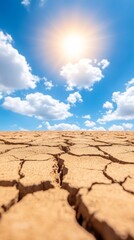 Dry cracked earth under a bright sun with blue sky and clouds.