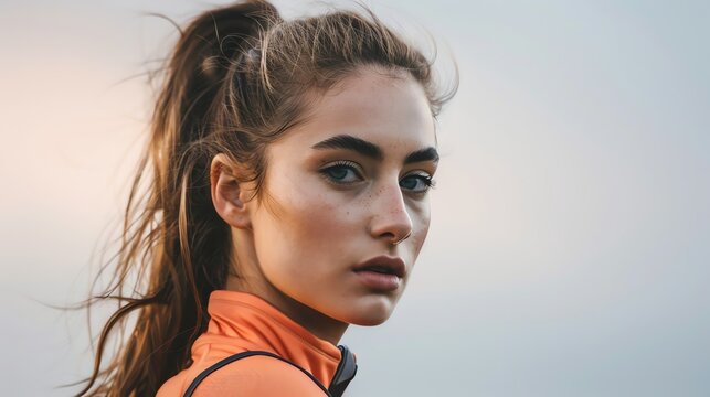 A woman with long brown hair pulled back in a ponytail stares intently at the camera.