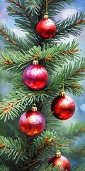 Colorful Christmas decorations adorn the branches of a spruce tree, vibrant balls in shades of red and pink, embodying holiday cheer in winter. Happy New Year art drawing background. Generative AI