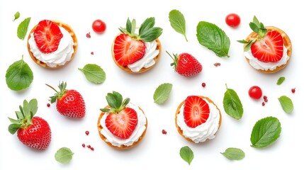 Naklejka premium Fresh Waffles with Strawberries and Cream on White Background