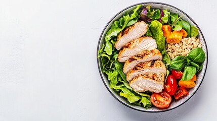 Fresh and Healthy Dinner Concept with Grilled Chicken Salad, Vegetables, and Grains in a Bowl on a White Background