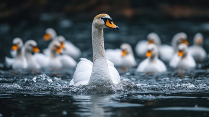 Fototapeta premium White swans, different leader identities, crowd leadership