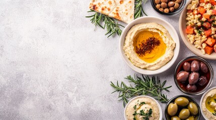 Elegant Dinner Concept with Mediterranean Cuisine Featuring Hummus, Olives, and Fresh Herbs on a Rustic Table Setting