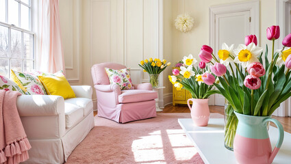 Bright and Airy Living Room with Spring Flowers, Pastel Decor, and Floral Accents