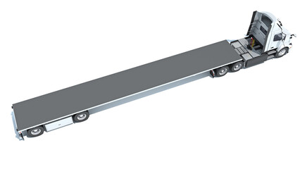 Semi Truck with Lowboy Platform Trailer 3D rendering on white background