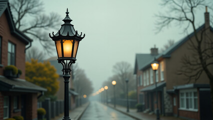 A Charming and Intricate Street Light Pole Casting a Beautiful Glow in a Quaint Neighborhood
