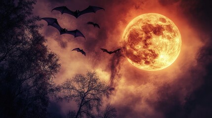 Fototapeta premium A swarm of bats flying across the sky during a lunar eclipse, with the shadowed moon creating a dark and foreboding backdrop. --chaos