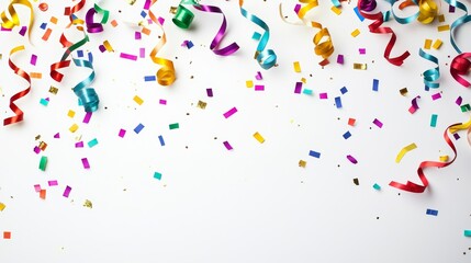 Colorful Party Streamers and Confetti on White Background Celebrating Festive Event or Special Occasion