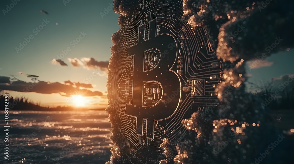 Poster a smooth flow of cryptocurrency particles drifting toward a glowing digital horizon at a fintech eve