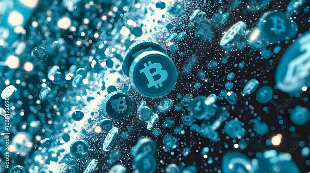 Poster a smooth flow of cryptocurrency particles drifting toward a glowing digital horizon at a fintech eve