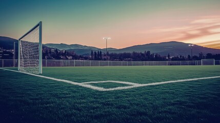 Fototapeta premium A soccer field's penalty spot and goal box, outdoor setting with dusk lighting, Moody style
