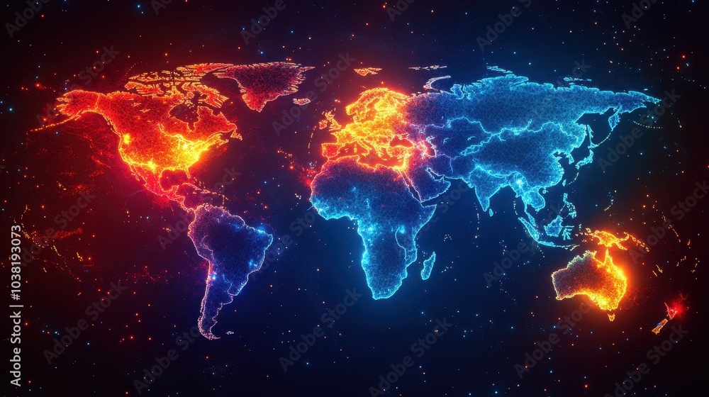 Poster abstract map of continents. globalization and geopolitics in high-tech world of future. 3d illustrat