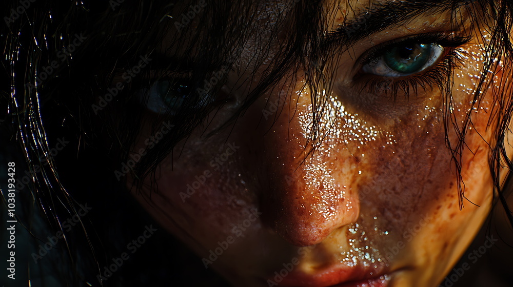 Aufkleber Closeup portrait of a wet face showcasing freckles with an intense gaze capturing raw emotion and beauty