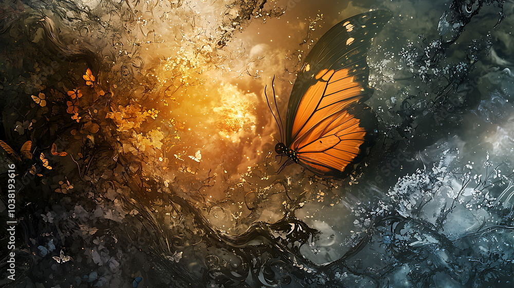Aufkleber a vibrant dance of color the enchanting journey of a butterfly through an abstract artistic realm of